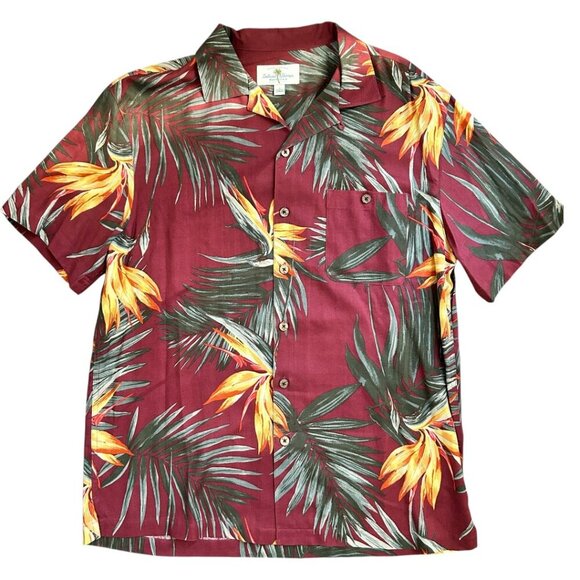 Island Shores Tropical 100% Silk Red Button-down Casual Hawaiian Shirt Large - Picture 1 of 3